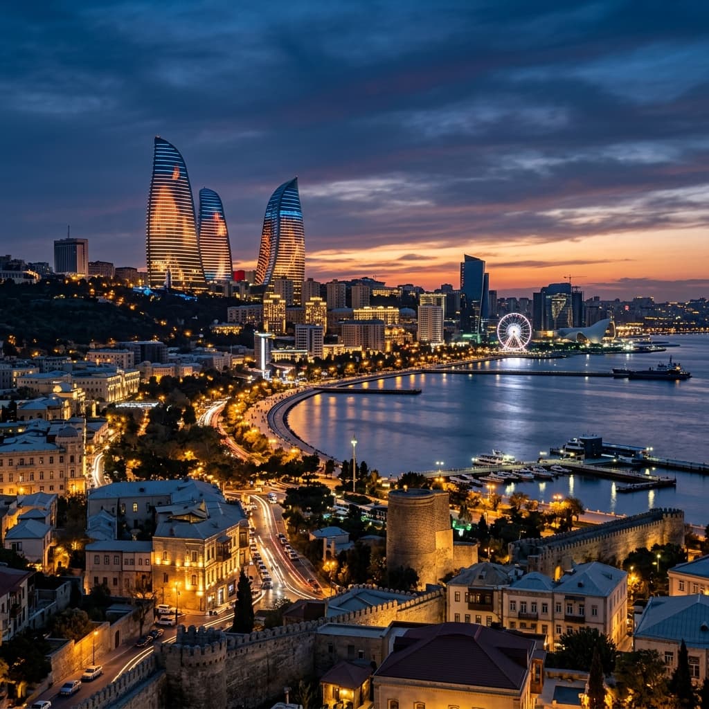 Baku city skyline at sunset with Flame Towers illuminated