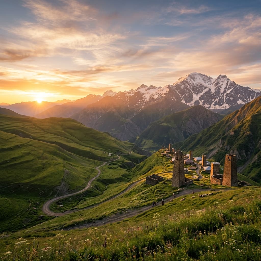 Panoramic view of the Caucasus mountains in Azerbaijan at sunrise